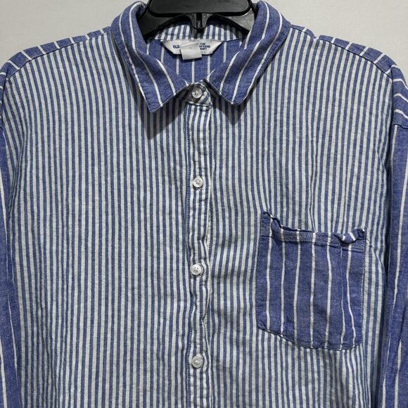 Old Navy Boyfriend Shirt Womens XL Blue White Stripe Linen Blend Button - Picture 2 of 8